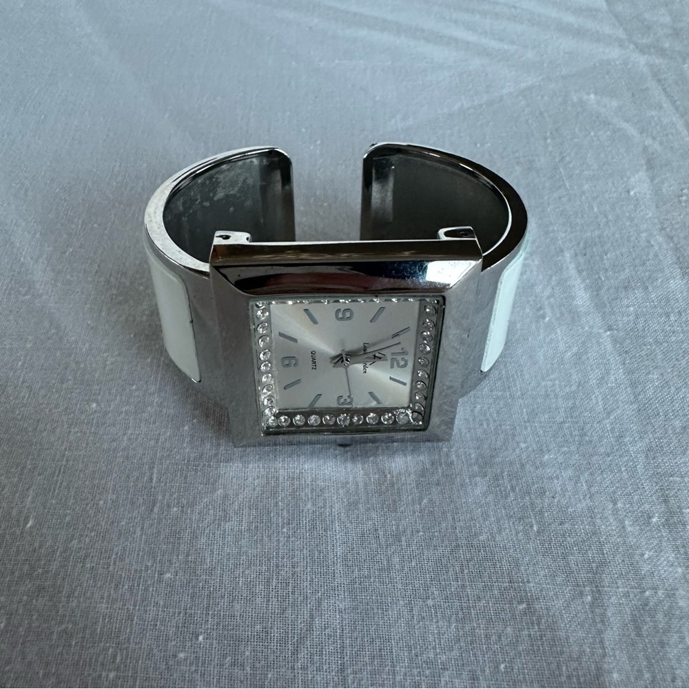 Louis Arden Silver and White square Quartz Cuff Watch with Crystal Accents
